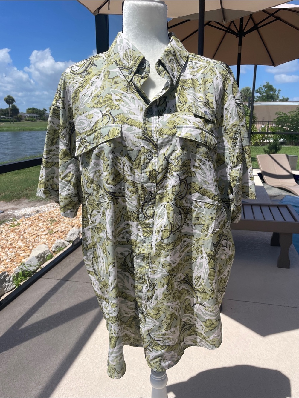 Silver Bait Vented Fishing Short-Sleeve Button-Down Breathable Leaf Print XXL